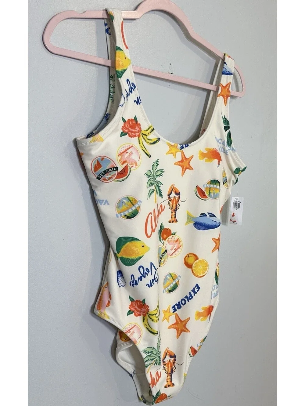 NWTS Old Navy Matte One Piece Beach Scene Open Back Medium Women’s Swimsuit.
